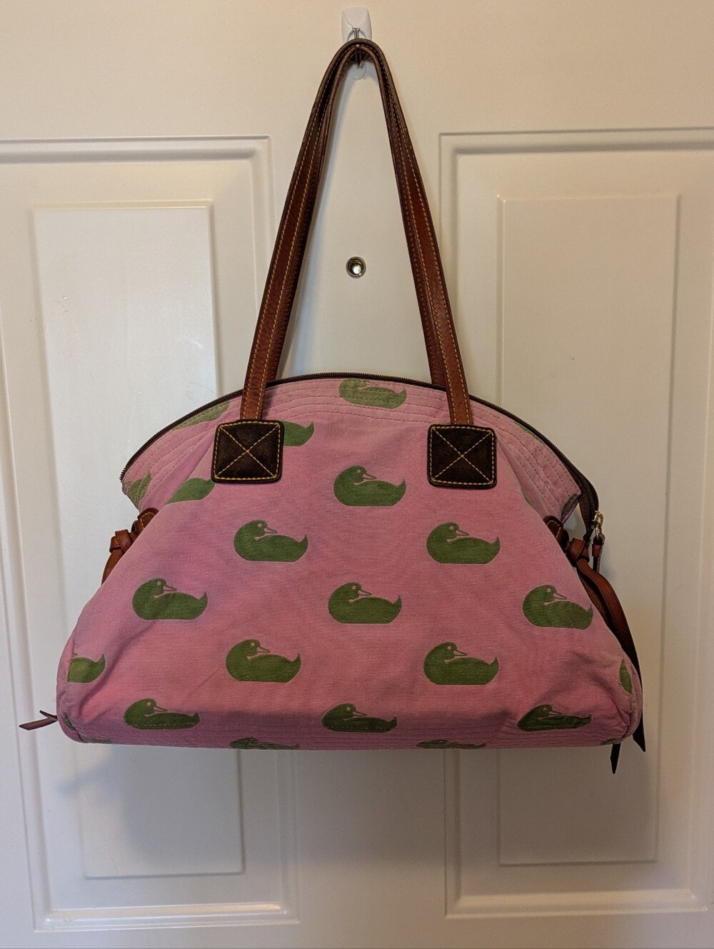Dooney & Bourke Fabric Shoulder Bag With Leather Trim And Straps.